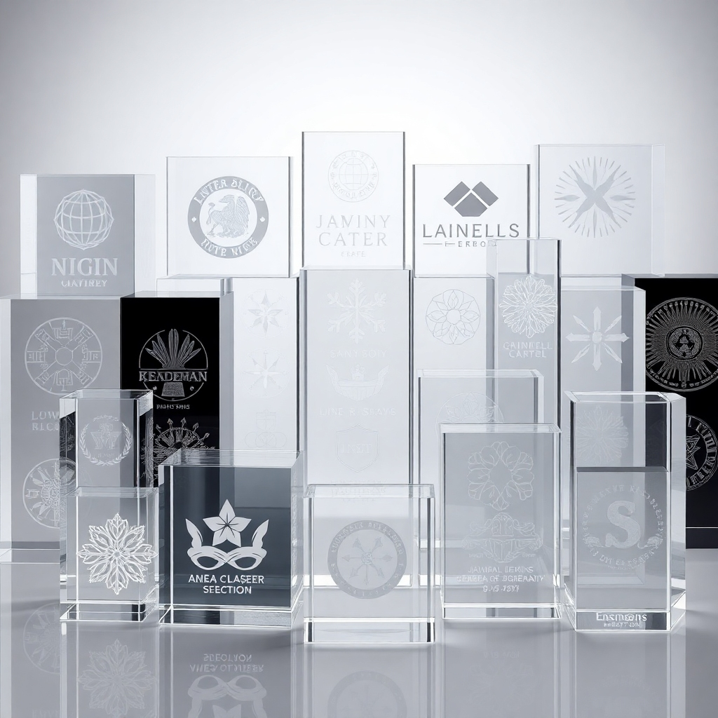 A photorealistic image showcasing a diverse collection of laser-engraved acrylic products with various designs, patterns, and logos. The image should display a wide range of styles and complexity in the engravings, highlighting the versatility and customization options available. The background should be a clean and modern setting to emphasize the design variety.