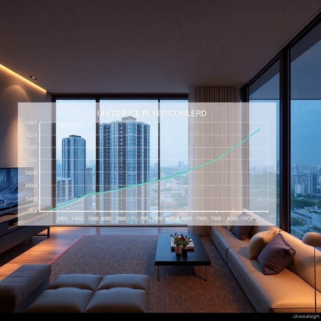 A photorealistic image showcasing a comparison between the price of the Lumpini condominium Bodindecha-Ramkhamhaeng unit and similar properties in the area. The image could use a graph or chart to visually compare prices per square meter, highlighting the value proposition. The overall mood should convey a sense of affordability and a good deal for potential buyers.