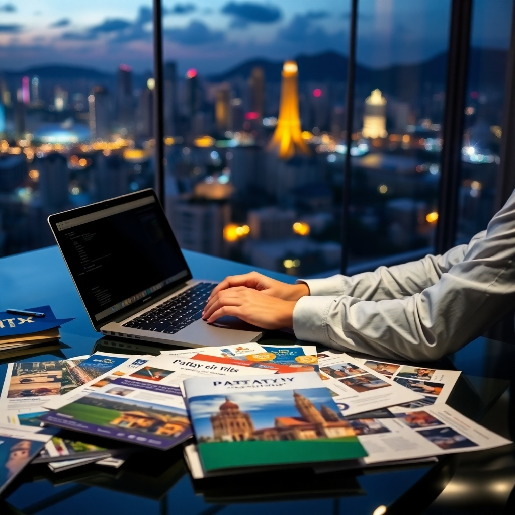 A photorealistic image showcasing a person working on a laptop with various marketing materials (brochures, flyers, etc.) related to Pattaya properties scattered on the desk. In the background, there is a view of Pattaya's vibrant city skyline, hinting at the potential for success.