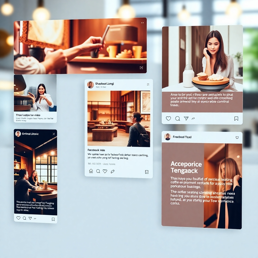 A photorealistic image showcasing a variety of engaging Facebook posts: a captivating video, an eye-catching carousel post, a beautifully designed image post with compelling text, and a short, informative text post. All posts should have high visual appeal, and relate to a fictional business (e.g., a coffee shop or a fashion boutique). The image should be bright and convey a sense of professionalism and creativity.