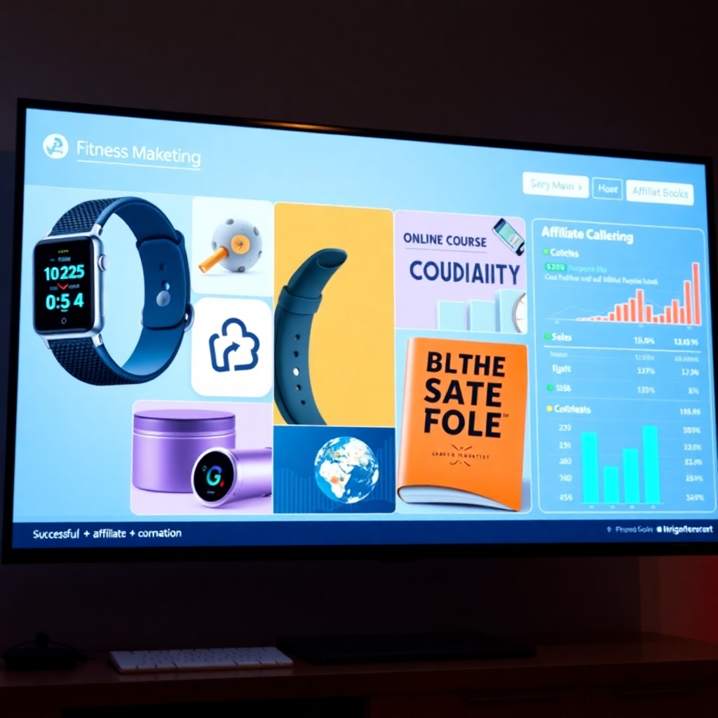A photorealistic image showcasing a diverse range of products – a fitness tracker, a productivity app icon, an online course banner, and a self-help book – all subtly integrated into a visually engaging collage. This collage should be displayed on a large screen, reflecting a successful affiliate marketing dashboard highlighting sales and conversions. Use a vibrant color scheme and modern design to emphasize the diversity and success of the affiliate marketing efforts.