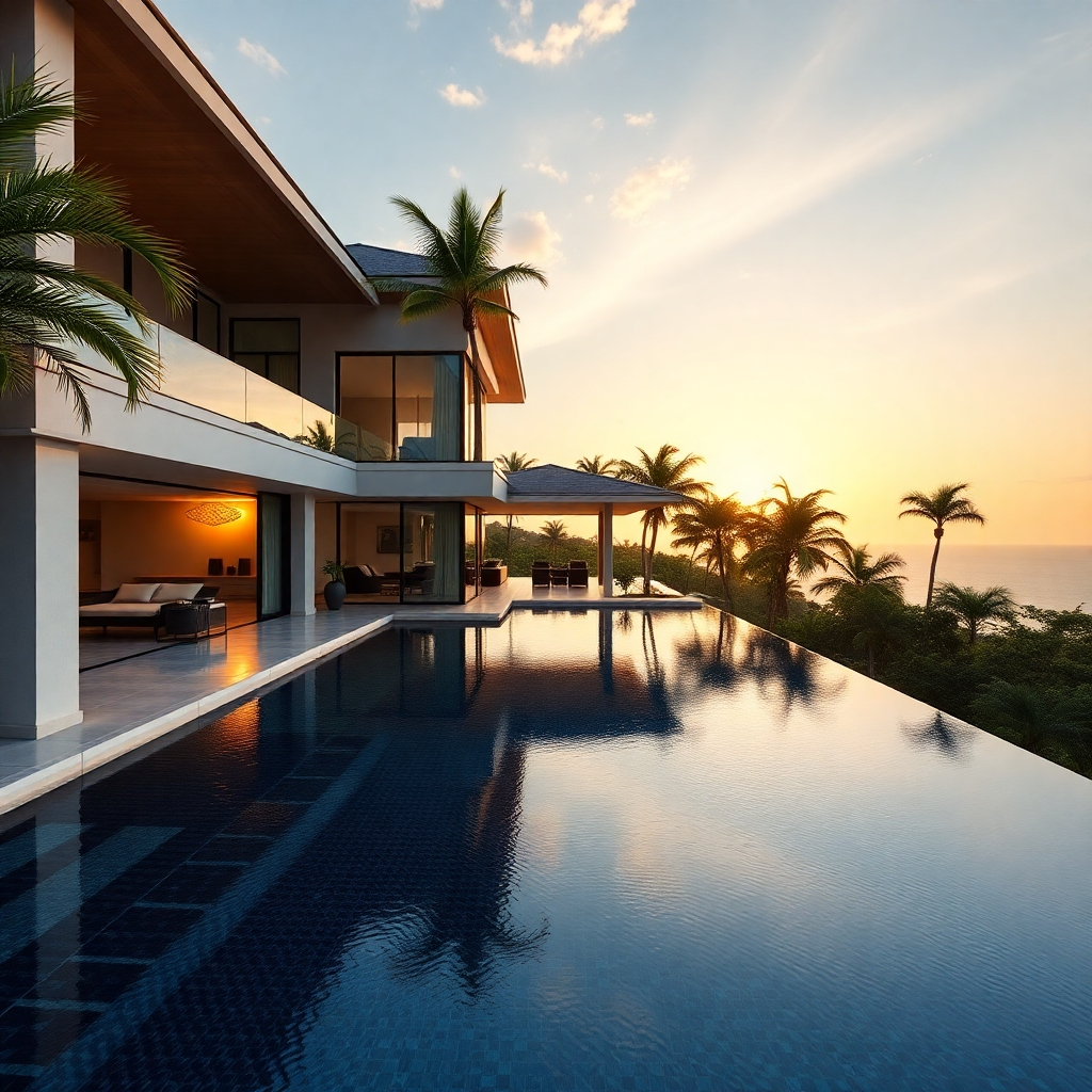 A photorealistic image showcasing a stunning, modern luxury villa in Pattaya. The villa should have a private infinity pool, expansive outdoor areas with lush tropical landscaping, and views of the ocean.  The image should be taken at golden hour, with warm sunlight illuminating the property and highlighting its luxurious features. The overall style should be elegant, showcasing high-end finishes and impeccable design.