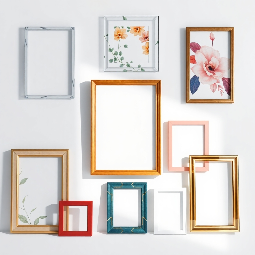 A photorealistic image showcasing a variety of acrylic picture frames with different designs, shapes, colors, and patterns.  The frames should be displayed on a clean, white background, highlighting the diversity of styles available.  Include frames with geometric shapes, floral patterns, minimalist designs, and vibrant colors. The image should emphasize high-quality materials and craftsmanship.