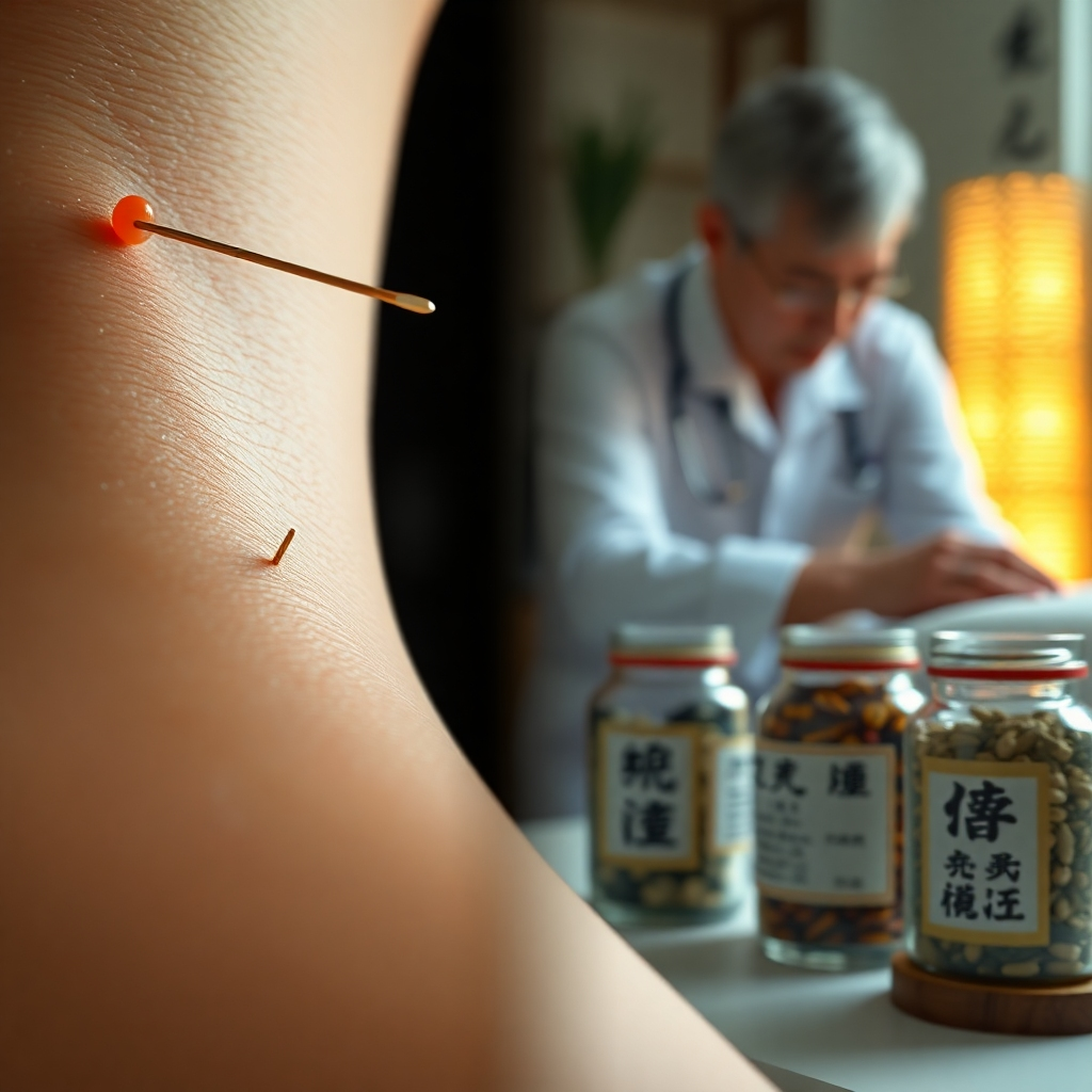 A photorealistic image showcasing various aspects of TCM. One section shows a close-up of acupuncture needles delicately placed on a person's skin. Another section shows carefully arranged herbs in glass jars, with Chinese characters visible on the labels.  In the background, a blurred image of a practitioner performing Tui Na massage.  The overall style should be clean, professional, and emphasize the holistic nature of TCM.