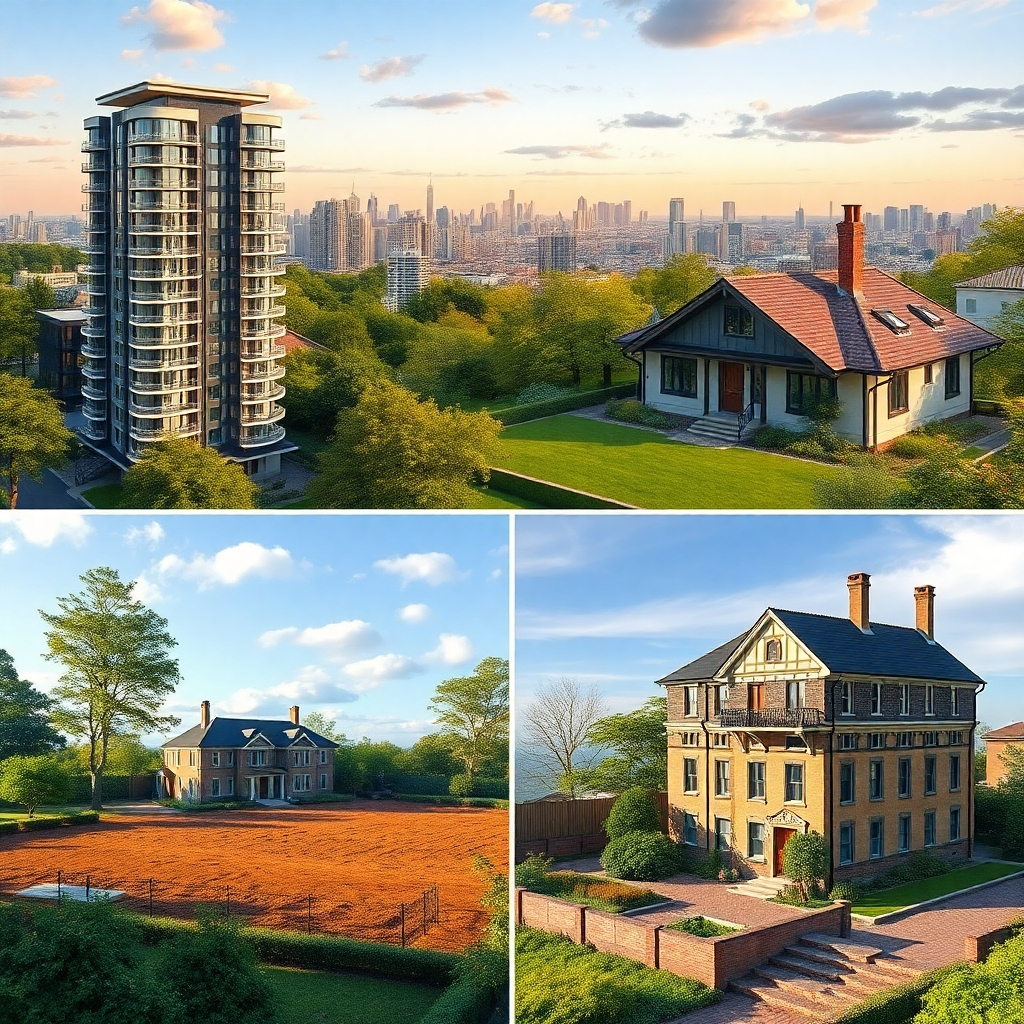 A photorealistic image showcasing various types of real estate investments.  The image should feature a luxury condominium overlooking a cityscape, a charming suburban house with a well-maintained garden, a large plot of undeveloped land ready for construction, and perhaps a renovated historical building. Each property should be clearly visible and presented in a high-quality, attractive manner, emphasizing the diversity of investment opportunities.