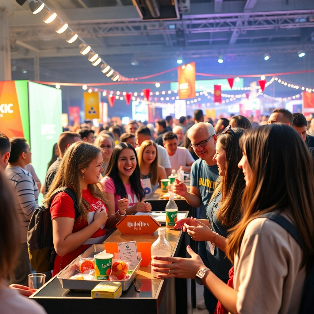 A photorealistic image showcasing a lively event with people actively participating in a branded activity.  Include giveaways, interactive displays, and happy customers interacting with brand representatives or influencers.  The image should feel authentic, dynamic, and convey a sense of community and engagement.