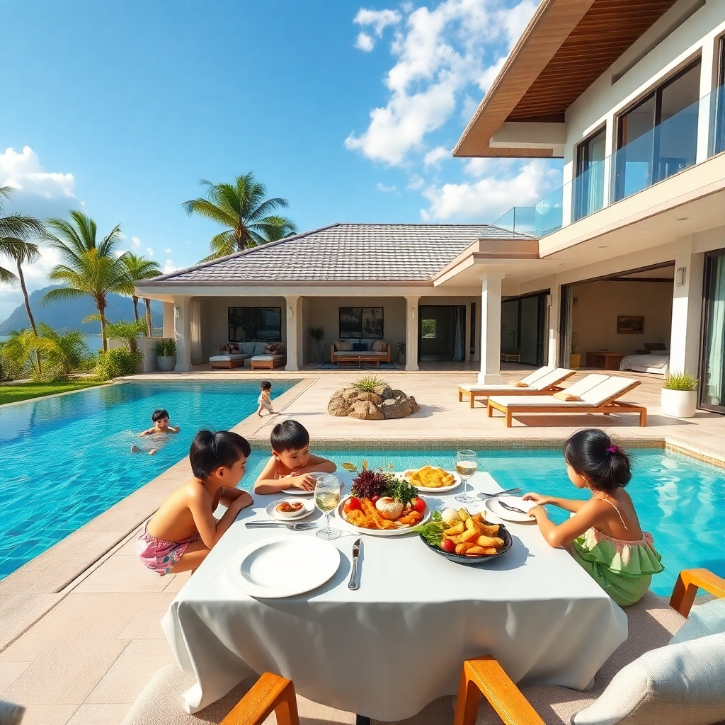 A photorealistic image showcasing a family enjoying a luxurious pool villa experience in Pattaya, Thailand.  The image should depict children playing in the pool, adults relaxing on comfortable sun loungers, and a beautifully set table with a delicious meal. The villa should have a spacious outdoor area with a well-maintained garden and a stunning view. High resolution, 8k quality, detailed textures, vibrant colors, joyful atmosphere