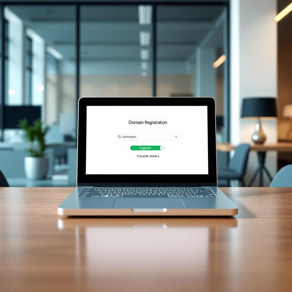 A photorealistic image showcasing a laptop displaying a user-friendly domain registration interface with various domain extensions (.com, .org, .net, etc.) and a progress bar showing completion. The background should subtly suggest a professional office environment with a focus on the clean and intuitive interface design.