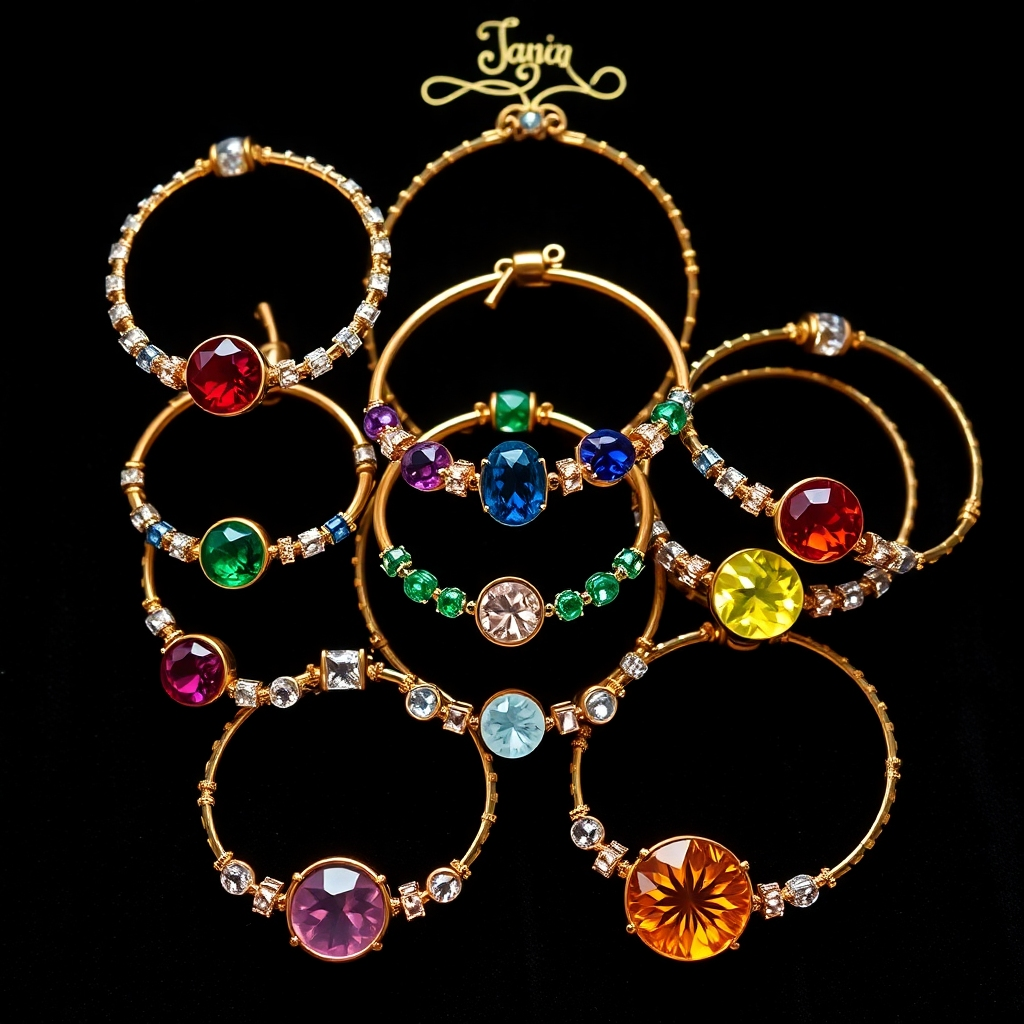 A photorealistic image showcasing a set of 12 gemstone bracelets, each representing a different zodiac sign.  Each bracelet should have a distinct color and style representing its assigned zodiac. The background can be a dark velvety backdrop to bring out the contrast of the gemstones. The lighting should be focused on each bracelet with a soft and luxurious feel.  The camera angle should be an overhead flat lay shot. Style references could include high-end jewelry photography. The color palette should be diverse, representing the variety of zodiac signs. Technical specs: 4K resolution, photorealistic style.