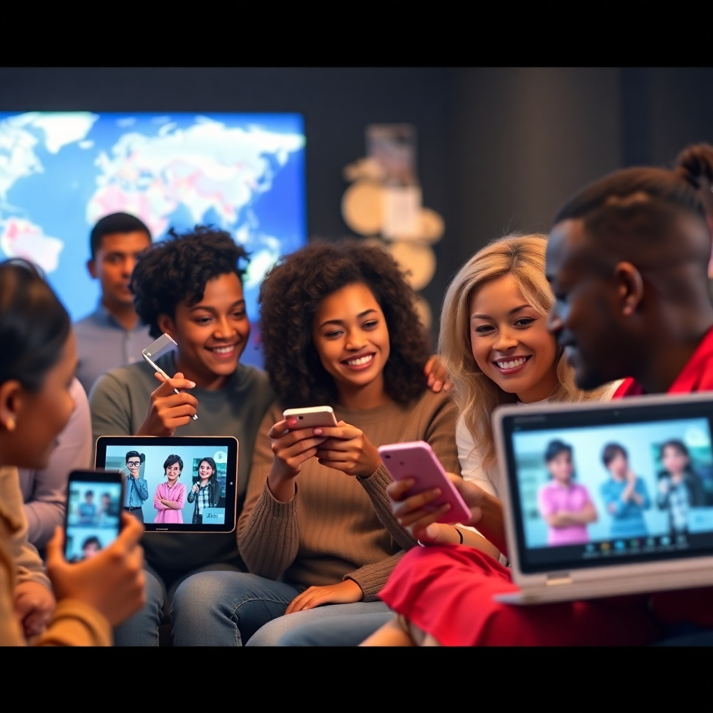 A photorealistic image showcasing a diverse group of people from different age groups and backgrounds watching a captivating product presentation video featuring an avatar presenter on various devices (smartphones, tablets, and laptops). The background should show global locations, representing a broad reach and accessibility.