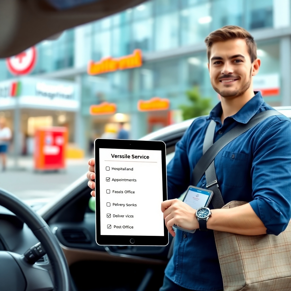 A photorealistic image showcasing a versatile service. A driver stands beside a well-maintained car, holding a tablet displaying a checklist of services (errands, appointments, delivery). In the background, a blurred cityscape with various establishments (hospital, shopping mall, post office) suggests the range of services offered. The lighting is bright and professional, and the color palette is clean and modern. Camera angle is medium shot, focusing on the driver and the tablet.