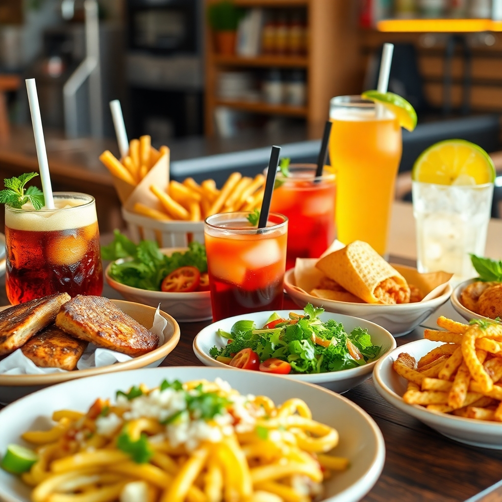 A photorealistic image showcasing a variety of delicious-looking food and drinks served at the cafe.  Include close-up shots of several dishes, highlighting their visual appeal and freshness, along with a variety of beverages. The image should be vibrant, appetizing, and emphasize the quality and variety of the cafe's offerings. High resolution, 8k