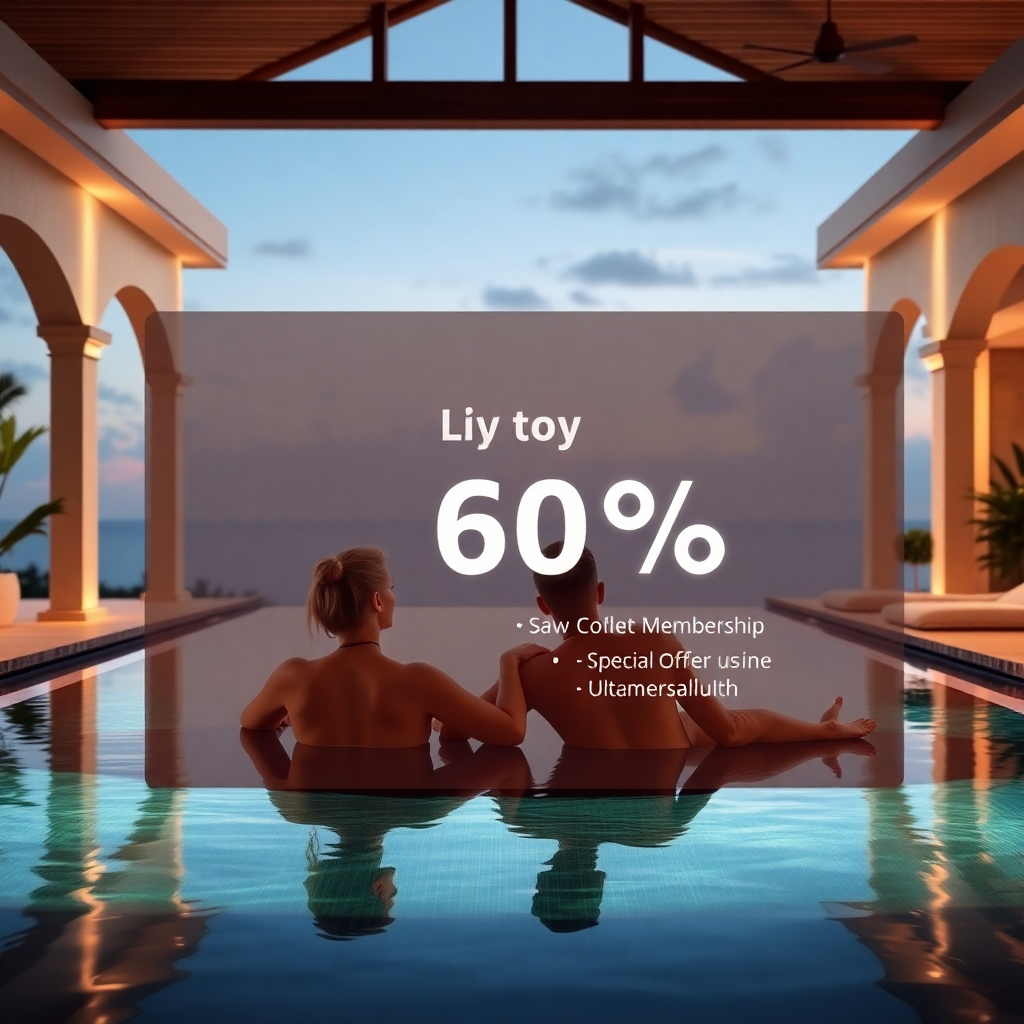 A photorealistic image showcasing a couple relaxing by their private pool in a luxurious villa. A digital overlay shows a discount percentage and special offer details, highlighting the exclusivity and savings associated with membership. The overall style should be elegant and visually appealing.