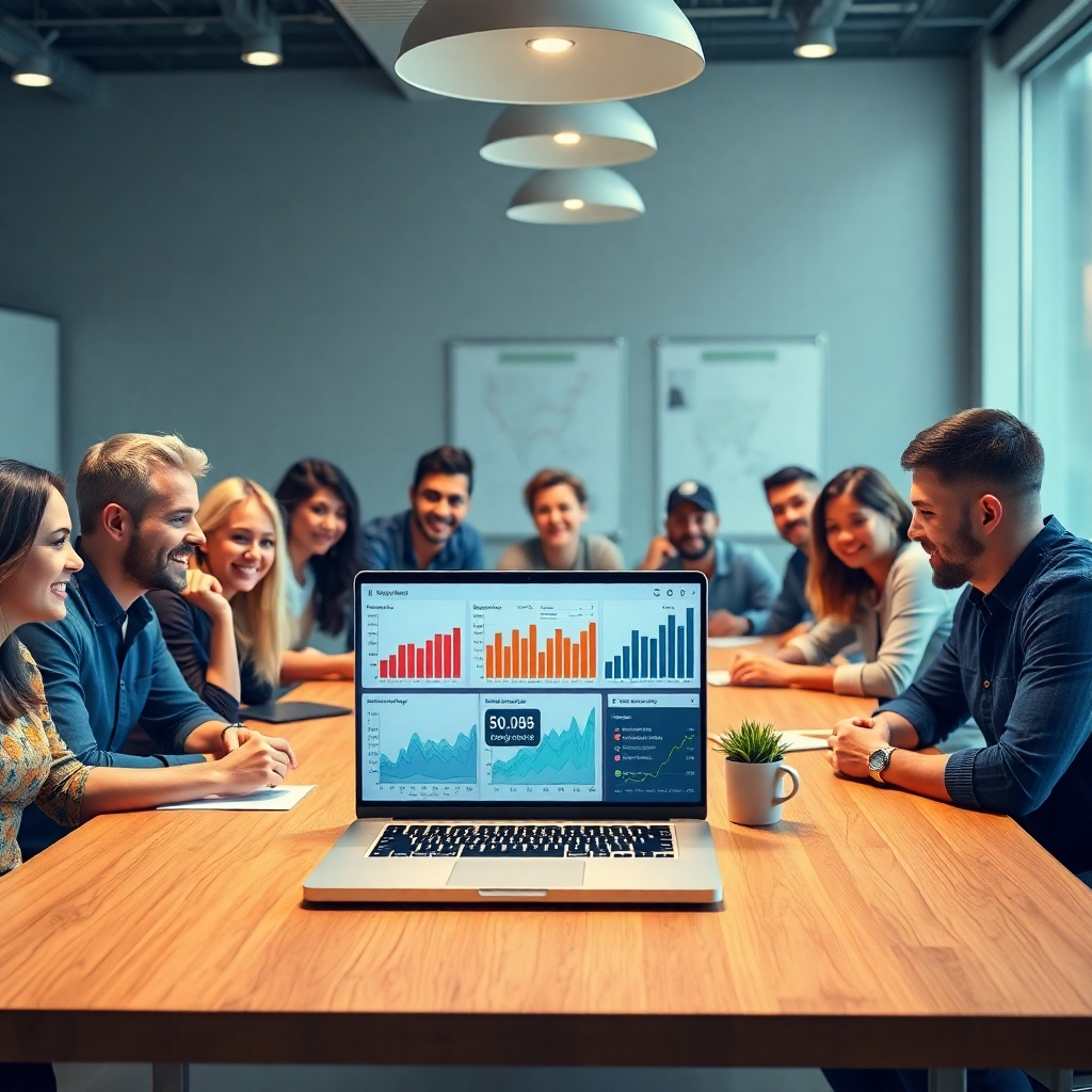 A photorealistic image showcasing a diverse team of marketing professionals collaborating around a large table. On the table is a laptop displaying various social media platforms and marketing analytics dashboards showing significant growth. The atmosphere should be vibrant and collaborative.