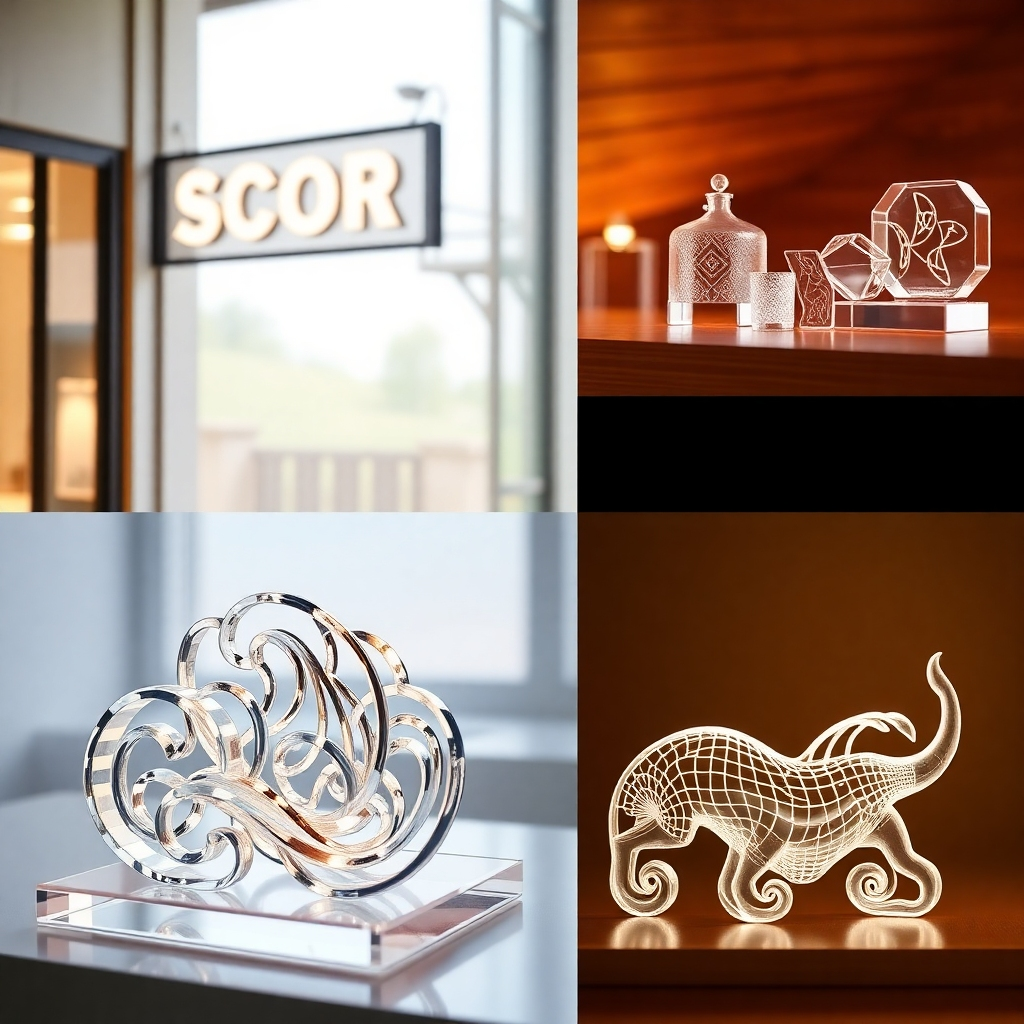 A photorealistic image showcasing various applications of laser-cut acrylic. The image should depict several different uses, such as a stylish storefront sign, elegant home decor accents, an intricate model, or a unique piece of artwork.  The image should highlight the versatility and aesthetic appeal of laser-cut acrylic in different contexts. The background should be varied, showing different environments where the acrylic pieces are used. The lighting should be natural and enhance the visual impact of each application.