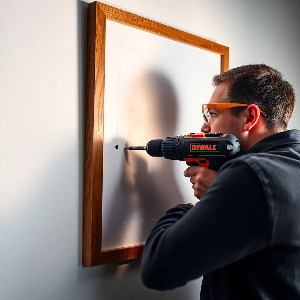 A photorealistic image showcasing the correct technique for drilling a hole in a wall for hanging a picture frame.  The image should feature a person using a drill with the appropriate drill bit, wearing safety glasses, and drilling a straight, clean hole.  The focus should be on the precision and safety aspects of the process. The wall should be visible, and the drill should be in the process of drilling.