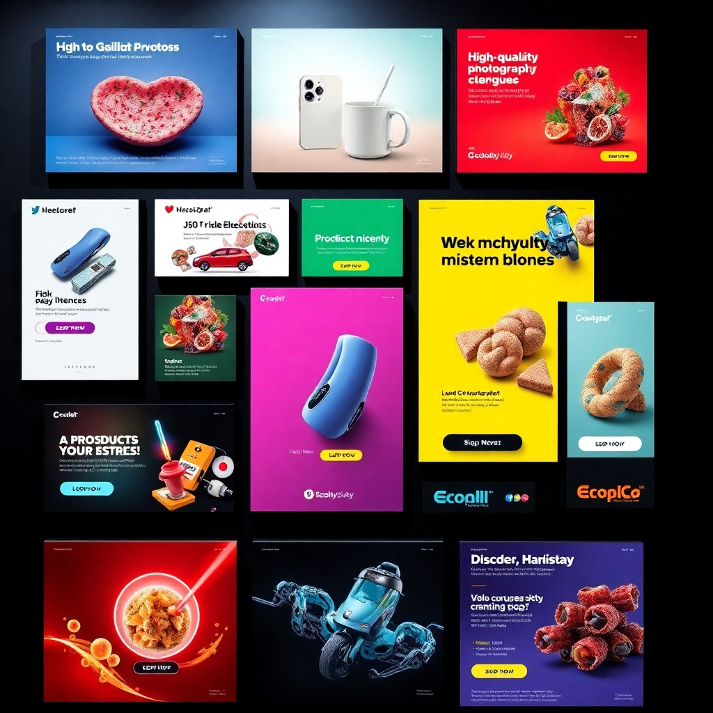 A photorealistic image showcasing a visually appealing collection of social media posts and website banners featuring high-quality product photography and compelling graphic design elements.  The image should highlight diverse styles and layouts that are proven to be eye-catching.