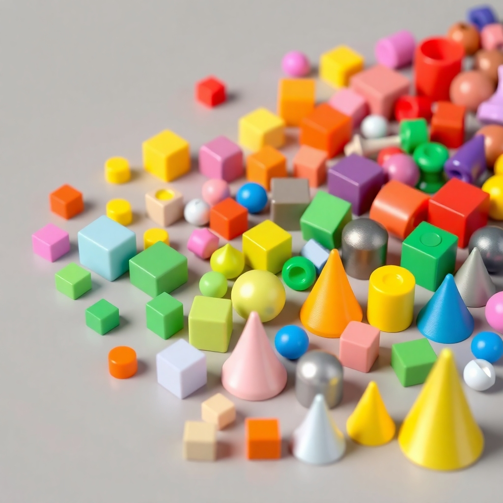 A photorealistic image showcasing a palette of various colored 3D printed objects made from PLA plastic.  The objects can be small, simple shapes like cubes, spheres, and cones, each a different color. The colors should be vibrant and diverse, including bright primary colors, pastels, and metallic finishes.  The background is a clean, neutral grey.  The image emphasizes the wide range of color options available.