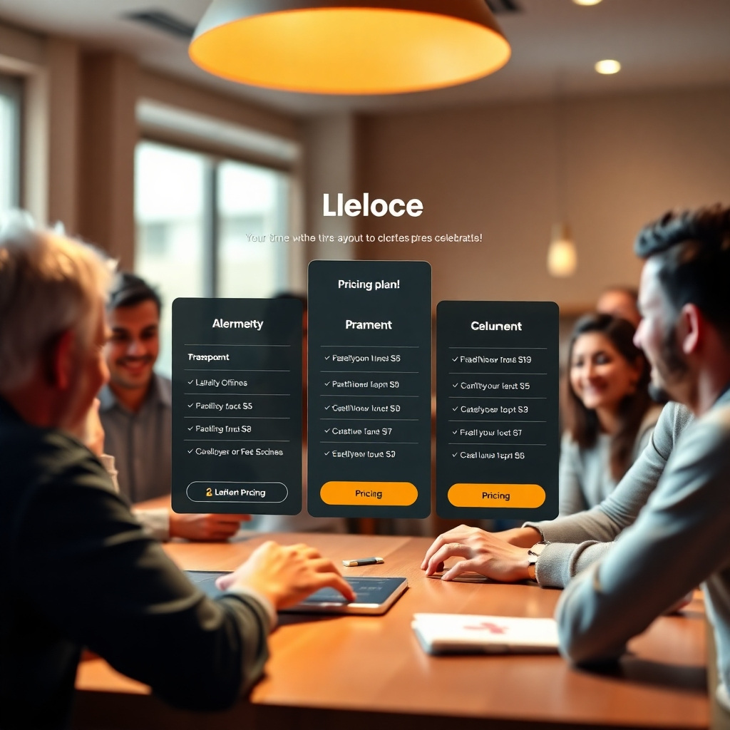 A photorealistic image showcasing a transparent and user-friendly pricing page on a website. The pricing plan should be prominently displayed with a clear indication of a one-time payment option. The background should feature happy customers using the website and celebrating the affordability.