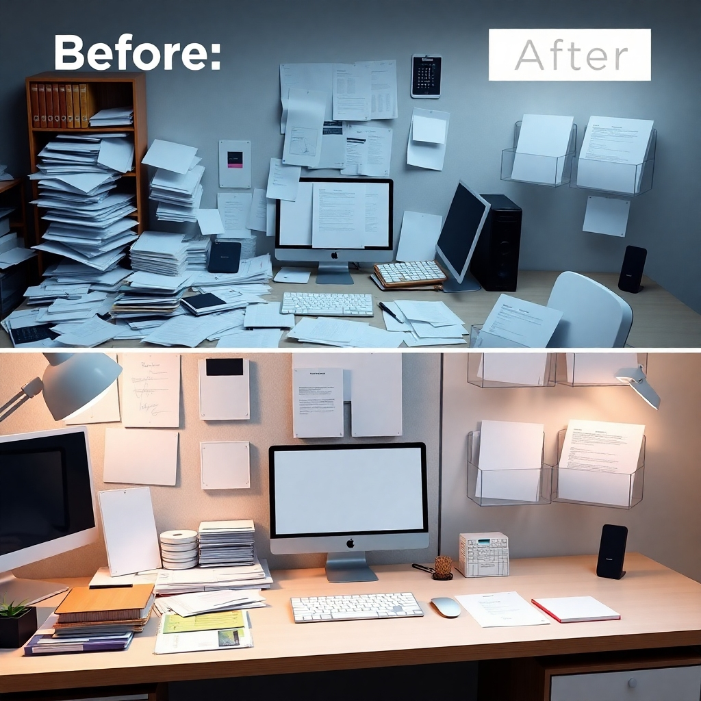 A photorealistic image showcasing a before-and-after comparison of a workspace. The 'before' shows a cluttered desk with papers scattered everywhere. The 'after' shows the same desk, but now organized with several transparent acrylic wall-mounted document holders holding documents neatly, leaving the desk surface clean and spacious. The overall feeling should be one of increased efficiency and organization.