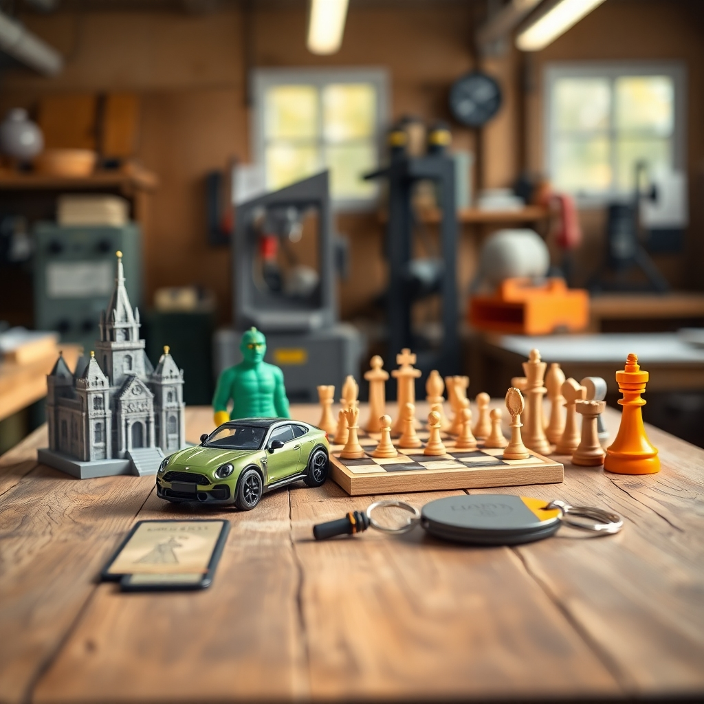 A photorealistic image showcasing a variety of 3D-printed objects arranged on a rustic wooden table against a blurred background of a well-equipped workshop. The image should be shot with soft, diffused lighting, creating a warm and inviting atmosphere. The objects include a miniature castle, a detailed model car, a functional chess set, and a personalized keychain.  Each object is intricately detailed and showcases the capabilities of PLA 3D printing with clear textures and vibrant colors. The image emphasizes the precision and detail possible with 3D printing, showcasing a range of sizes, shapes, and colors. The overall color palette is natural and warm, with tones of brown, beige, and vibrant accents from the objects themselves. The camera angle is slightly elevated, providing a comprehensive view of the objects and their surroundings.  The style is influenced by product photography, emphasizing clean lines and high-quality detail. The image should have an 8K resolution, and the objects' surfaces should appear smooth with realistic textures.