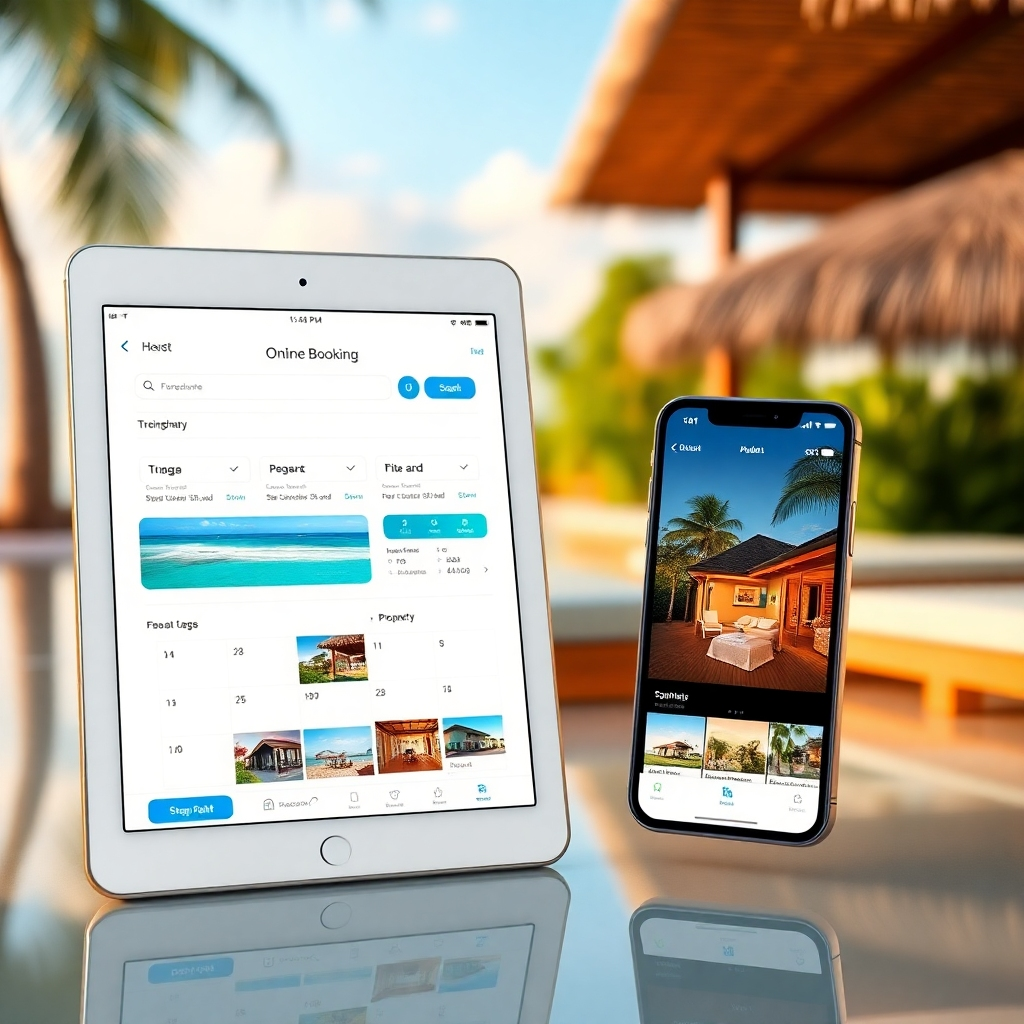 A photorealistic image showcasing a user-friendly online booking platform on a tablet and a smartphone. The interface should be visually appealing with clear calls to action, calendar view for date selection, and property photos. The background should suggest a relaxing vacation setting. High resolution, focus on ease of use and visual appeal.
