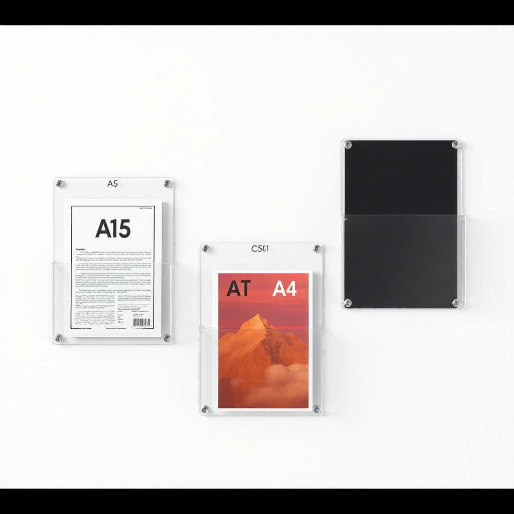 A photorealistic image showcasing various sizes of wall-mounted acrylic document holders – A5, A4, and a custom size.  Each holder should be shown with different types of documents inside, emphasizing the versatility and size options available.  The background should be a clean, neutral setting. The image should focus on displaying the size variations and document organization capabilities.