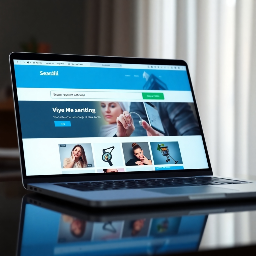 A photorealistic image showcasing a clean and modern website interface on a laptop screen.  Highlighted features should be clearly visible, such as a search bar, secure payment gateway icon, and visually engaging content. The overall aesthetic should be sleek and user-friendly, emphasizing value and functionality.