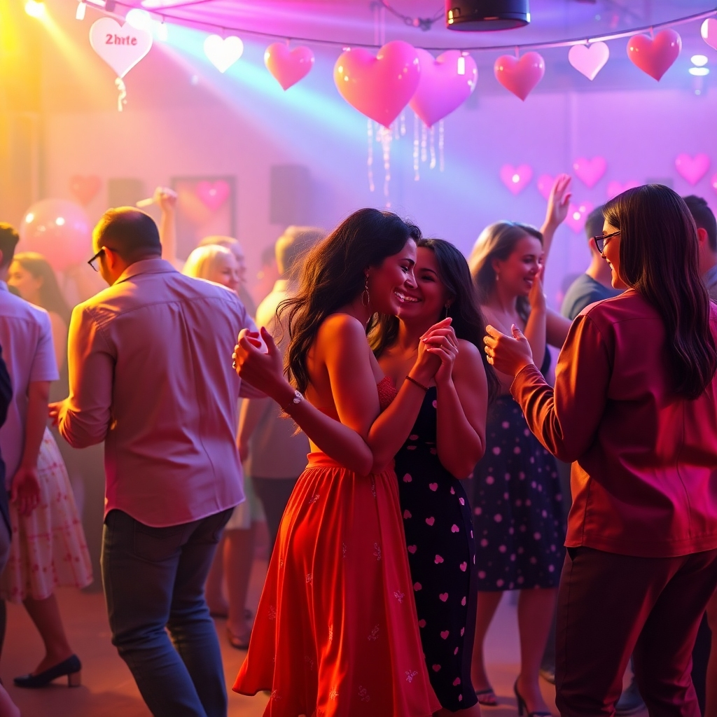A photorealistic image showcasing diverse couples dancing joyfully to different types of music at a Valentine's Day party; vibrant colors and a lively atmosphere.