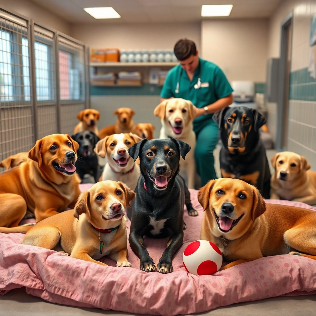 A photorealistic image showcasing the tender care given to dogs at a boarding facility.  Focus on details like clean bedding, interactive toys, individual attention from staff, and dogs looking relaxed and content. Show a variety of dog breeds and sizes receiving individualized care.  The image should evoke a feeling of warmth, comfort, and trust.