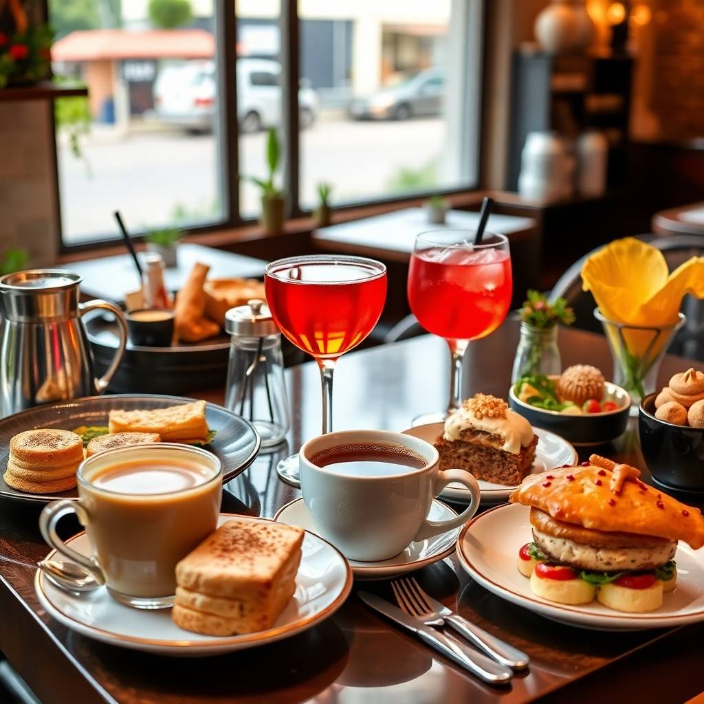 A photorealistic image showcasing a diverse selection of food and drinks at Cafe De 117. The image should feature high-quality close-ups of various dishes and beverages, highlighting their appealing visual characteristics.  The setting should be tastefully styled, reflecting the cafe's ambiance.  Include items like coffee, tea, cocktails, and a selection of appetizing food items like pastries, desserts, and savory dishes.  The image must have vibrant colors and sharp details.