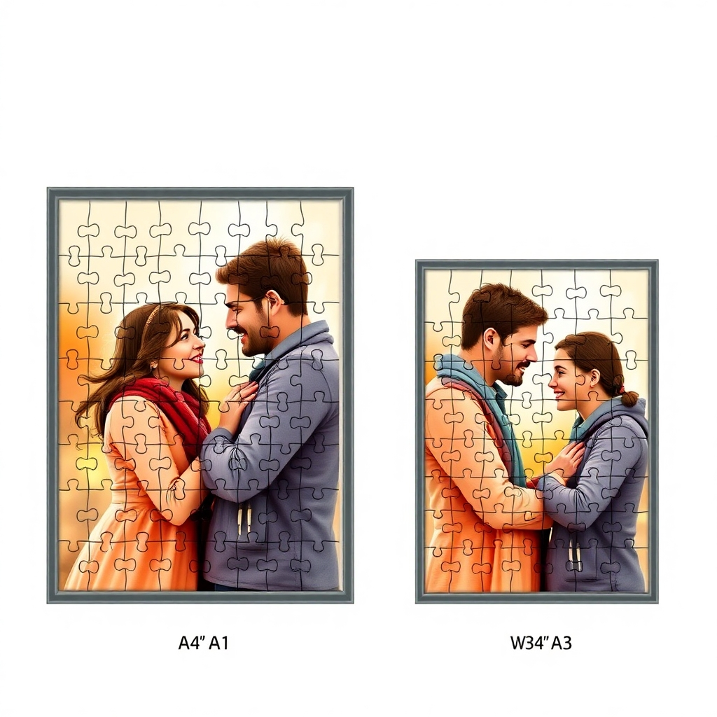 A photorealistic image showcasing both A4 and A3 sized jigsaw puzzles side-by-side. Each puzzle should depict the same loving couple image. The image should emphasize the difference in size and the level of detail visible on each puzzle piece. The background should be clean and simple, allowing the puzzles to stand out. The puzzles are presented in their respective frames with the sizes clearly visible.