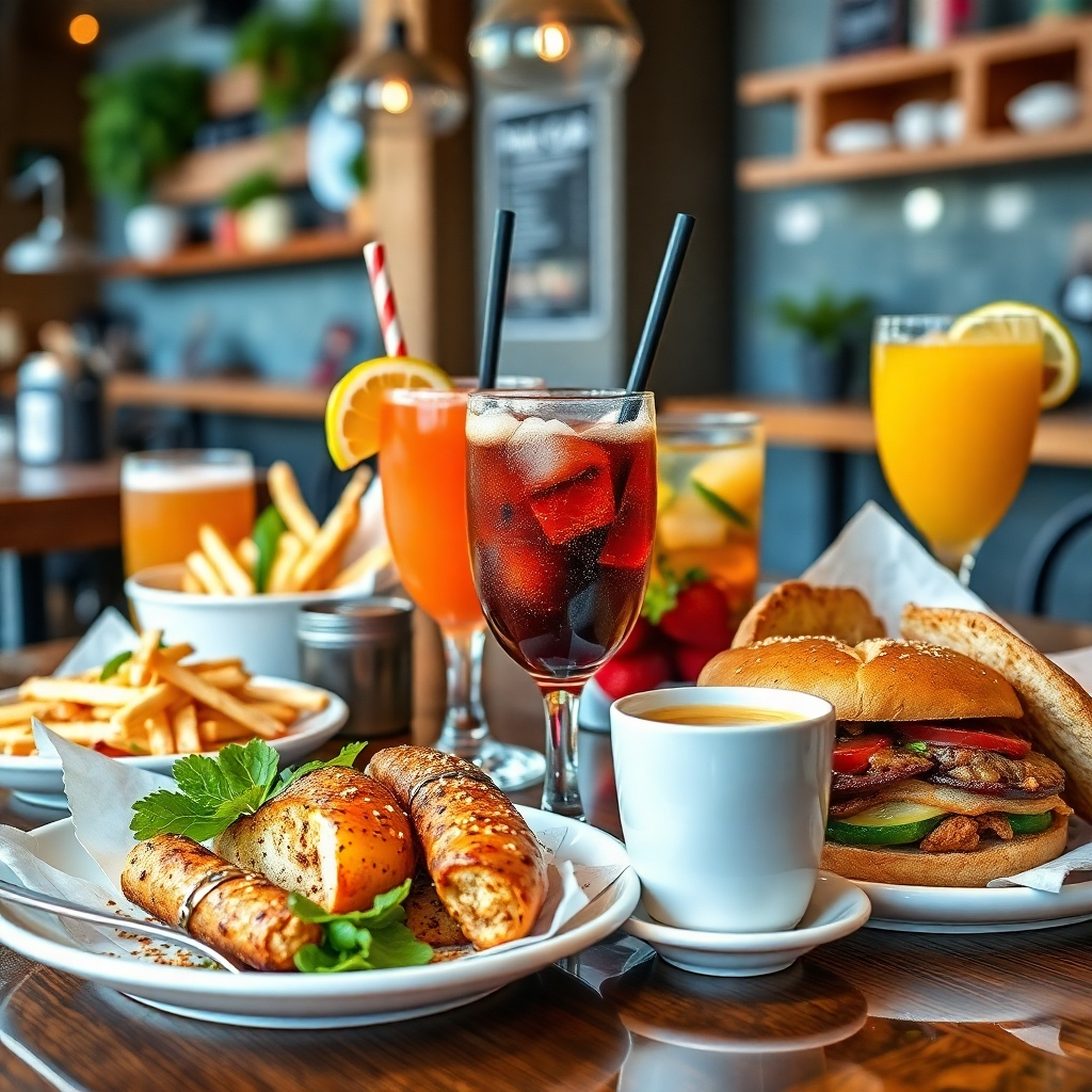 A photorealistic image showcasing a variety of delicious food and beverages offered at the cafe.  Include close-up shots of several items from the menu, highlighting their visual appeal and freshness. Show both hot and cold drinks, such as coffee, tea, juices, and cocktails. For food, show a mix of savory and sweet options, appealing to a wide range of tastes. The image should make the food and drinks look tempting and delicious.