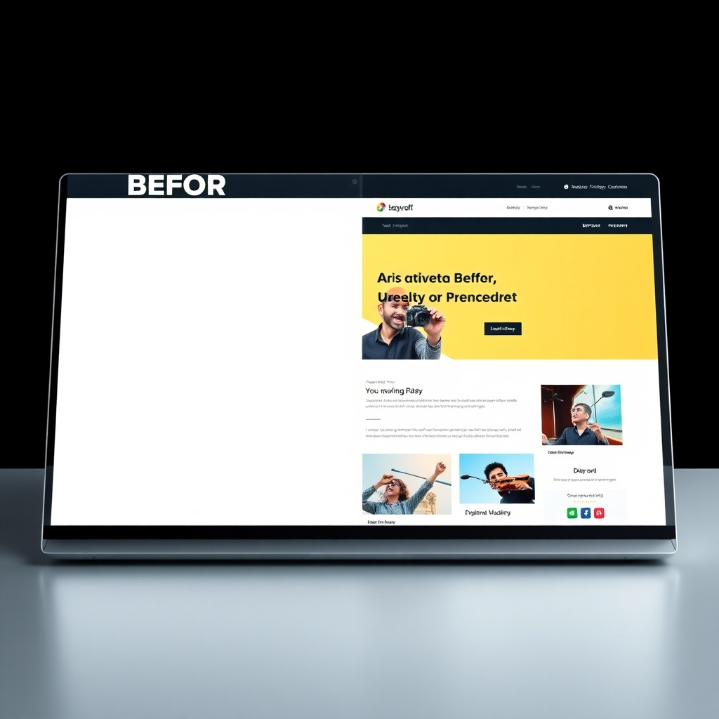 A photorealistic image showcasing a before-and-after comparison of a website design. The 'before' shows a bland, outdated website, while the 'after' shows a vibrant, modern website with a clean layout and compelling visuals. The transition should be smooth and visually striking, emphasizing the transformative power of AI. The image should have a sleek, professional aesthetic.