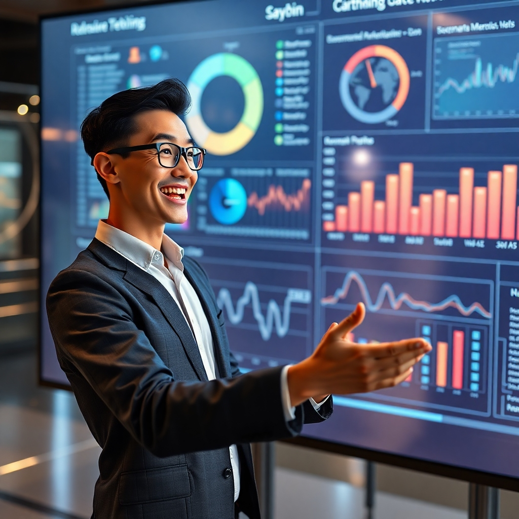 A photorealistic image showcasing a dynamic avatar presenter on a large screen, presenting data using interactive charts and graphs.  The avatar should have lifelike expressions and movements, conveying enthusiasm and engagement. The background should show a futuristic interface and subtle visual effects that highlight key data points.