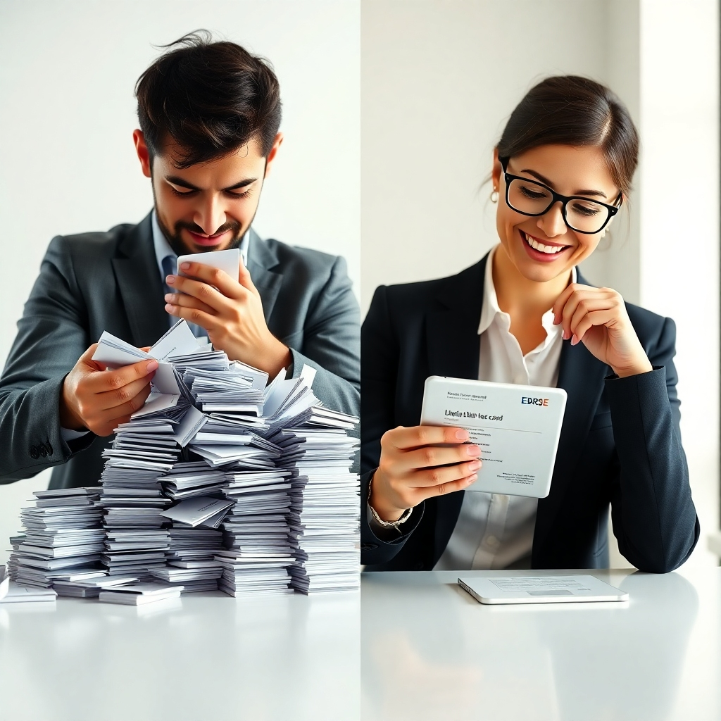 A photorealistic image showing a split screen: one side depicts a person struggling with piles of traditional business cards, and the other side shows the same person effortlessly managing and sharing a digital business card on a tablet with a relaxed and efficient expression. The overall style should be clean and bright.