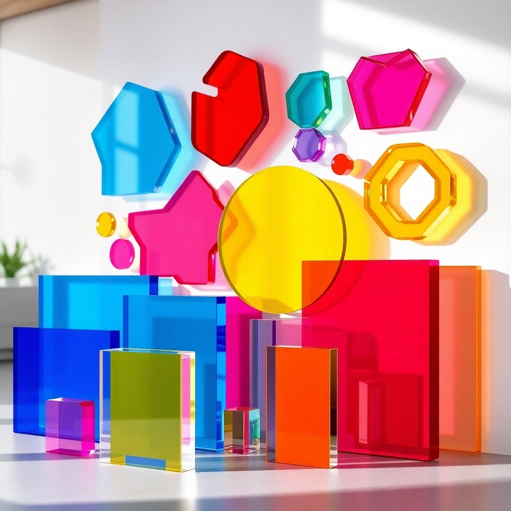 A photorealistic image showing a variety of brightly colored laser-cut acrylic pieces in different shapes and sizes, both individually and assembled into a larger design. The image should emphasize the vibrancy and richness of the colors, demonstrating the longevity and durability of the material. The setting could be indoors or outdoors to showcase the material's versatility and weather-resistance.