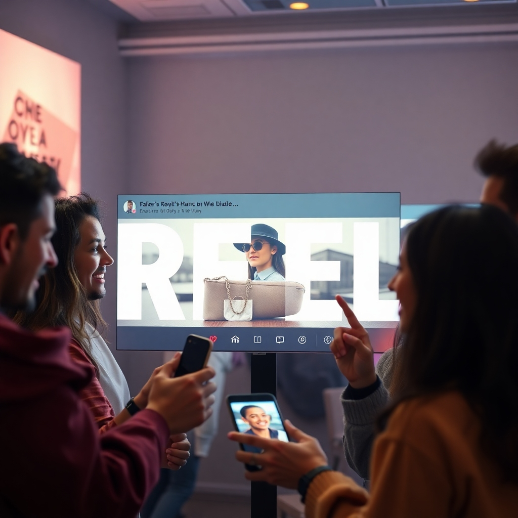 A photorealistic image showing a group of diverse people actively engaging with a brand's Reel. Some are commenting, some are liking, and others are sharing the content. The Reel displays a stylish product, emphasizing its usage in a lifestyle context. The overall atmosphere is lively and fun.