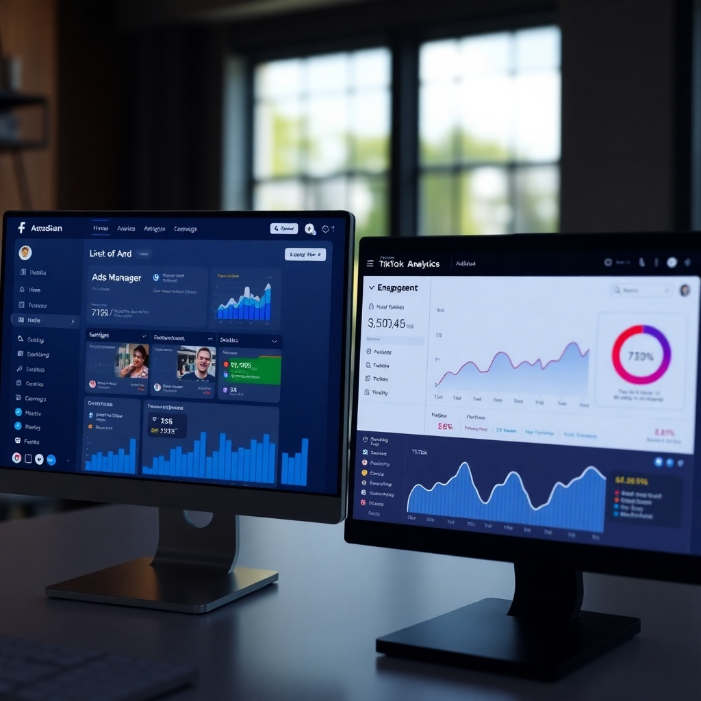 A photorealistic image showing a split screen. One side displays a Facebook Ads Manager interface showing successful campaign data, and the other side displays a TikTok analytics dashboard with positive engagement metrics.  The overall style should be clean, modern, and visually appealing, showcasing the effectiveness of the platforms.
