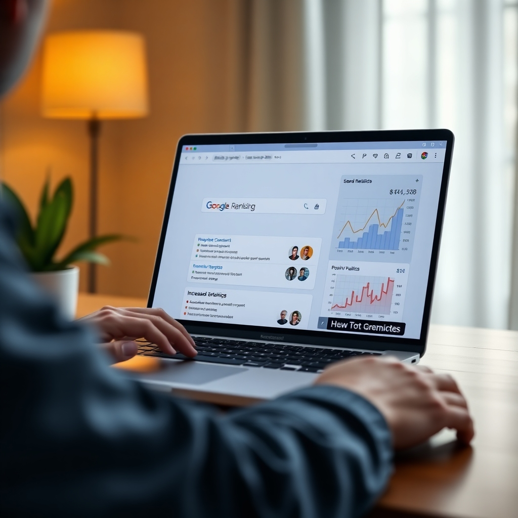 A photorealistic image showing a laptop screen displaying a website ranking high in Google search results.  The image should also subtly visualize the website's SEO optimization processes: a person working on website content and keyword research, a graph showing increased organic traffic, and a positive analytics dashboard illustrating high search rankings and improved website performance.
