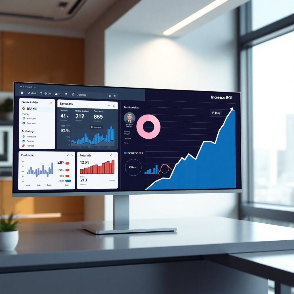 A photorealistic image showing a split screen. One side shows a dashboard with various marketing campaign data from different platforms (Facebook Ads, TikTok Ads, etc.)  The other side displays a sharply rising graph representing increased ROI. The overall style should be clean and modern, with a focus on the data's positive impact.