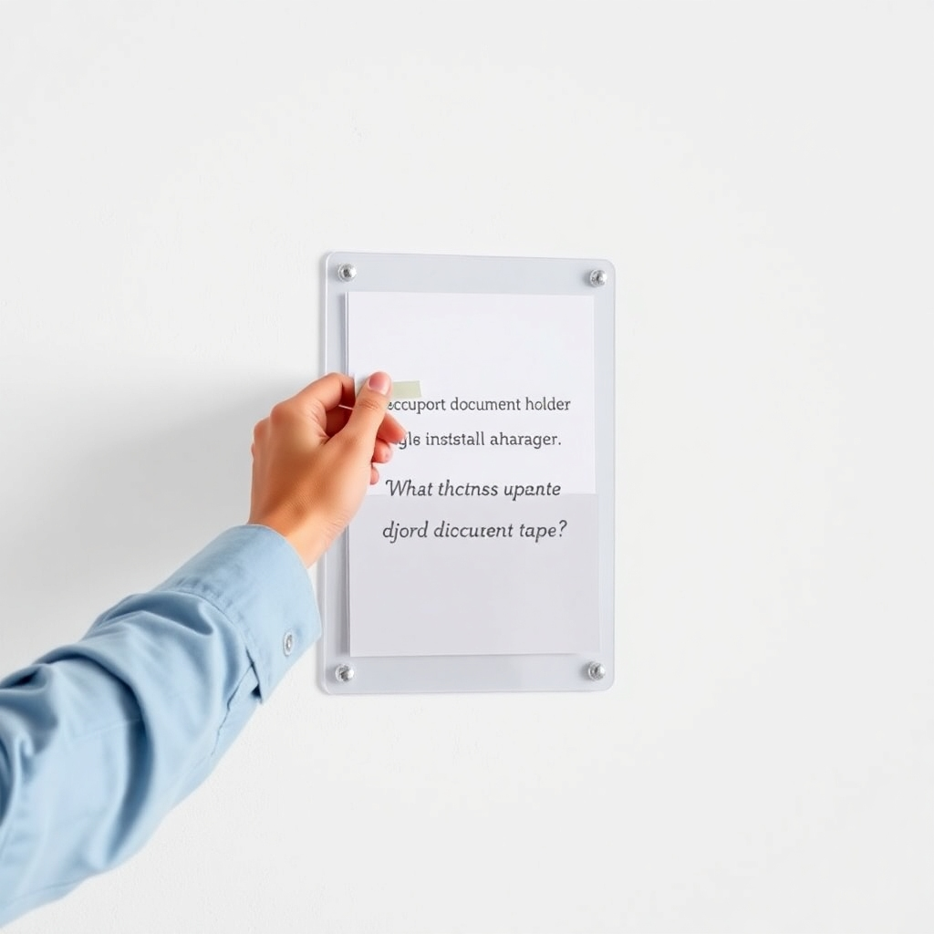 A photorealistic image showing a person easily installing an acrylic document holder onto a wall using double-sided tape.  The image should highlight the simplicity and ease of installation. The background should be a clean, bright wall.  The focus should be on the process of installation, with clear visuals of the tape and the holder being attached.