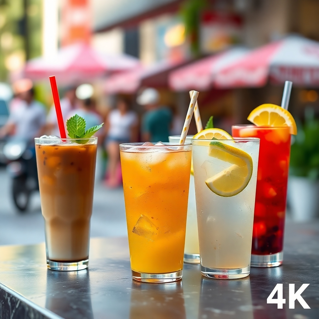 A photorealistic image showing a variety of refreshing drinks, such as iced coffee, lemonade, and fruit juices. The background is a blurred image of a lively street scene. High-quality 4K resolution.