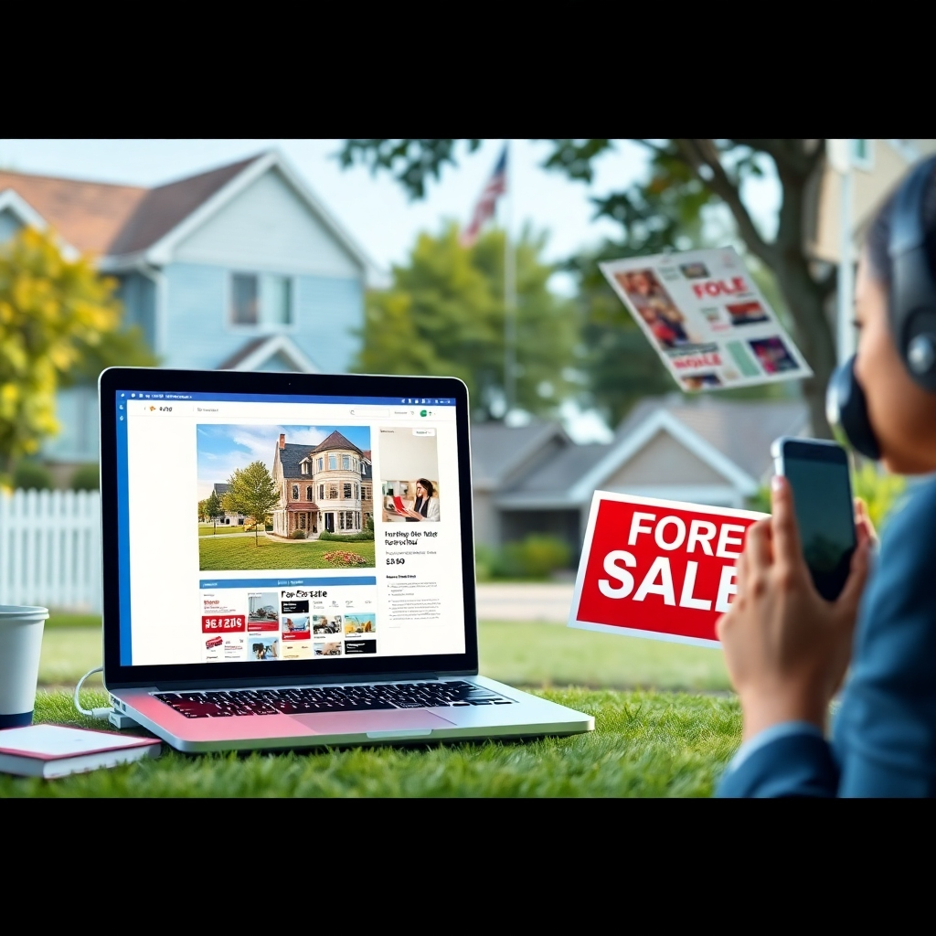 A photorealistic image showing multiple channels of marketing; a laptop displaying a real estate listing on a website, flyers being distributed in a neighborhood, a 'For Sale' sign in front of a house, and a person making a phone call. The style is vibrant, showing bustling activity and various marketing methods. High-quality image.