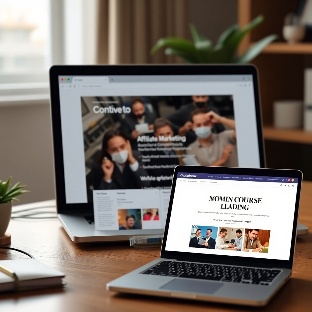 A photorealistic image showing various ways to monetize a blog.  One section displays a laptop screen with Google AdSense ads, another shows affiliate marketing links, and a third depicts an online course landing page.  The overall image should clearly illustrate diverse monetization strategies.