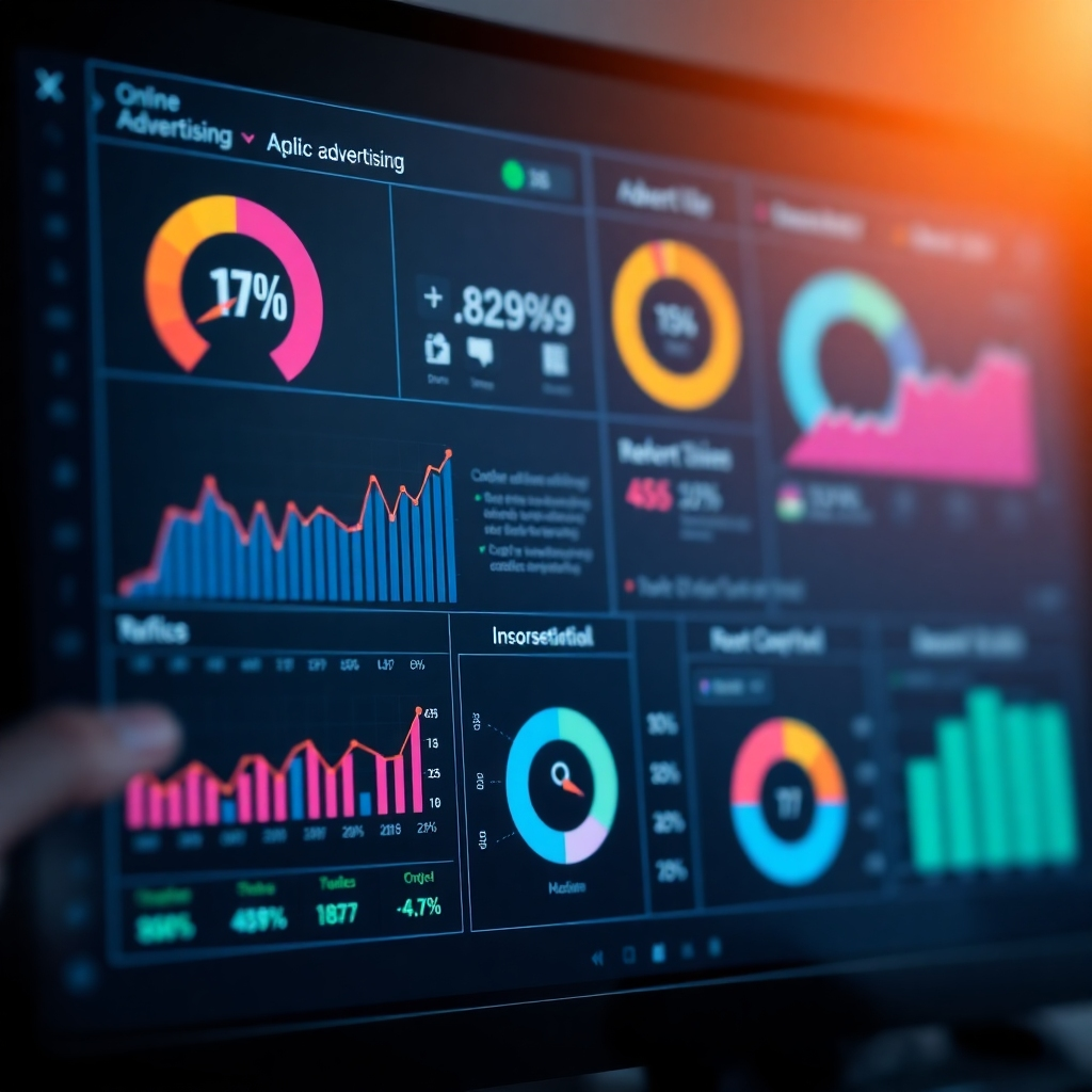 A photorealistic image showing a dashboard with various key performance indicators (KPIs) related to online advertising, including website traffic, conversion rates, and return on investment (ROI). The dashboard should be modern, clean, and easy to understand. The image should convey a sense of data-driven decision-making and agile marketing strategies.