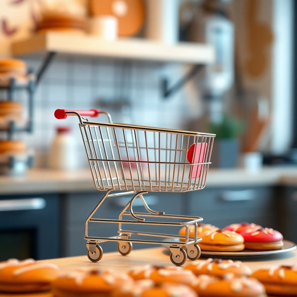 A photorealistic image showing a detailed shopping cart interface on a computer or mobile screen. The cart should clearly display items, quantities, prices, and a total amount. There should be options to increase or decrease quantities, remove items, and proceed to checkout. The background should be a blurred representation of a bakery or kitchen.