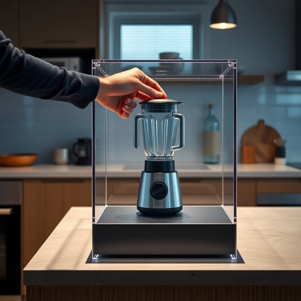 A photorealistic image showing a person carefully placing a blender inside a soundproof acrylic box. The box is securely placed on a stable countertop in a modern kitchen. The image should highlight the ease of use and secure placement of the box. High-resolution, natural lighting, sharp focus.