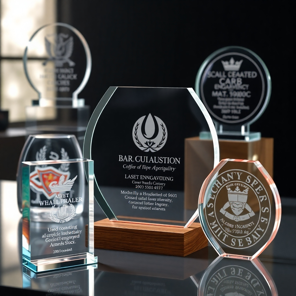 A photorealistic image showing a variety of laser-engraved acrylic products, such as awards, signage, or decorative items,  used in different settings. The image should highlight the durability and long-lasting quality of the engravings, even after prolonged use or exposure to elements. The image should be well-lit and showcase the vibrancy of the colors.