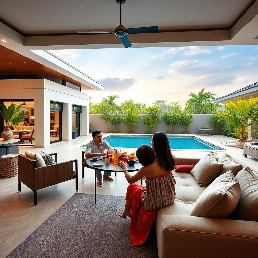 A photorealistic image showing a family enjoying a luxurious stay in a Pattaya pool villa.  The image could depict them enjoying a meal al fresco by the pool, playing games in the garden, or relaxing together in the spacious living area. The villa should be tastefully decorated and showcase high-end amenities.  The atmosphere should be lively yet relaxing, and the image should convey a sense of family togetherness and joyful experiences.  High resolution, 8k